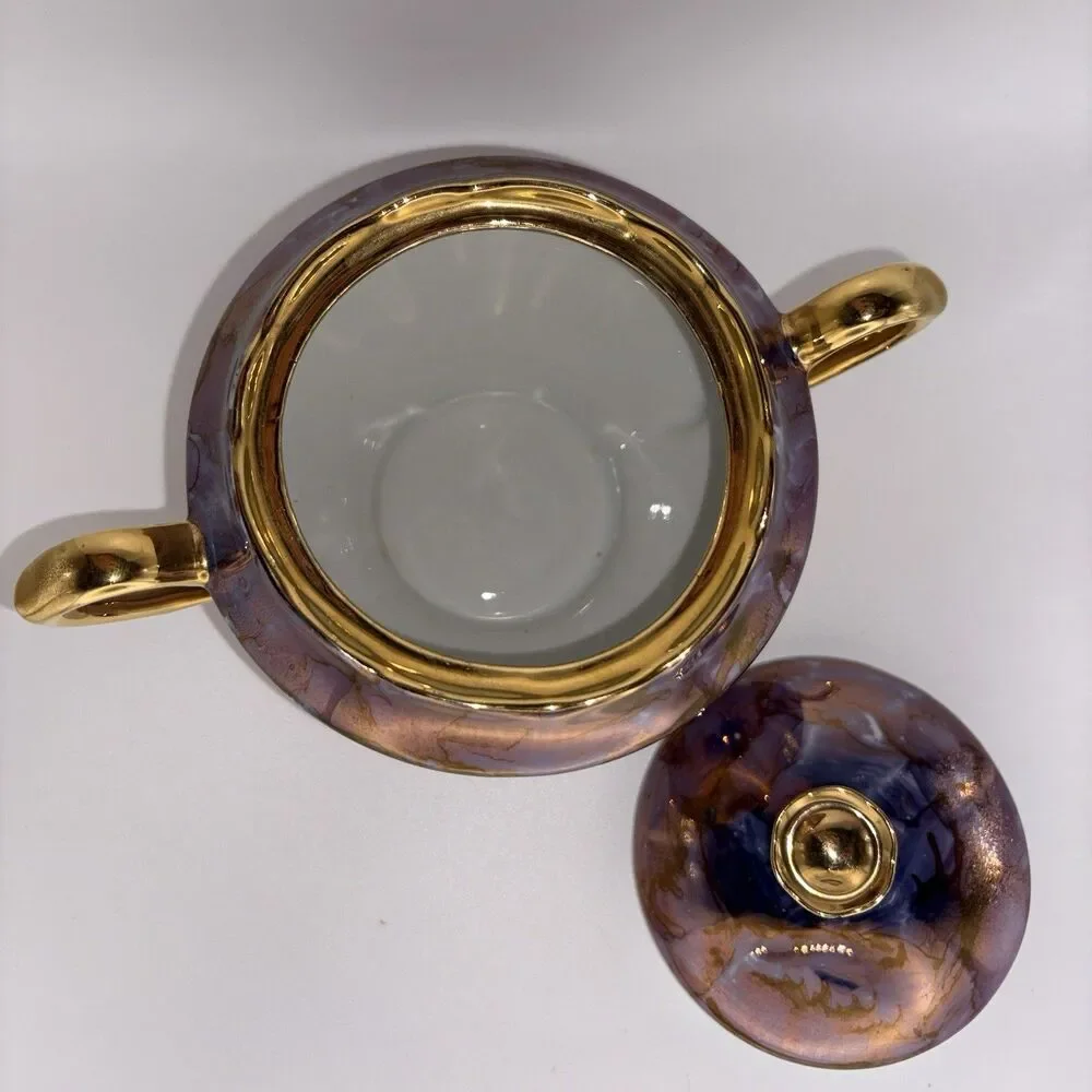 Vintage Cmielow Poland Tea Set Teapot Creamer Sugar Bowl 2 Saucers Purple Gold